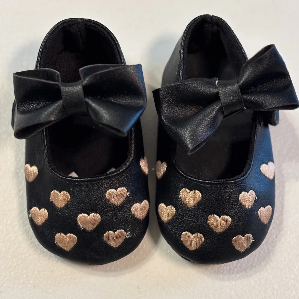 Baby Girl Black‎ Bow Mary Jane Shoes 9-12 Months Gold Hearts Infant Slip On EUC